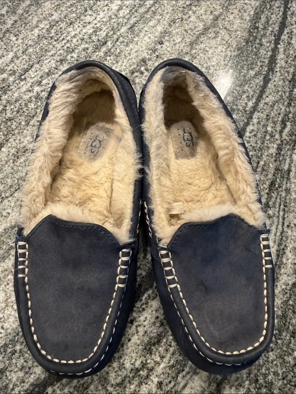 UGG Men’s Navy Suede Moccasins with Cream Shearling Lining